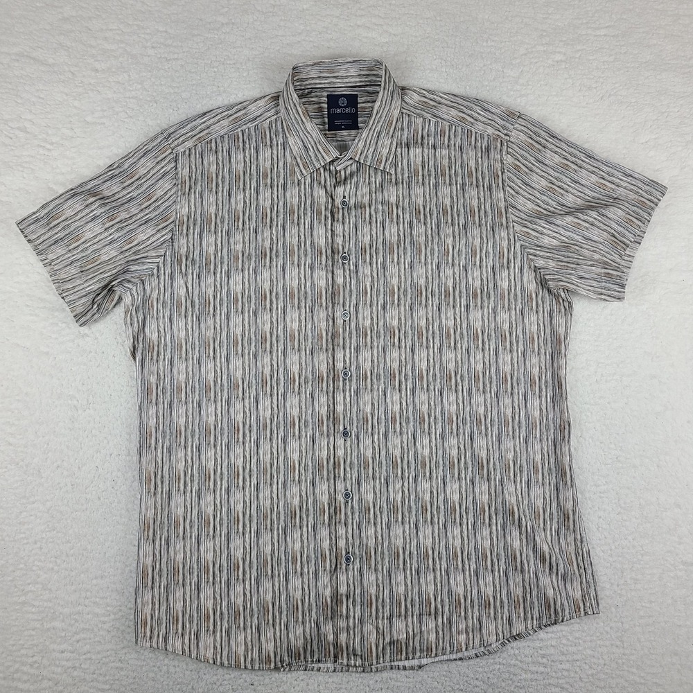 Marcello‎ Shirt Mens XL Brown Black Blue Preppy Hawaiian Button Up Short Sleeve